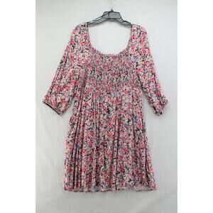 Romantic Feminine Dress Women's 1X Pink 3/4 Sleeve Floral Smocked cottagecore